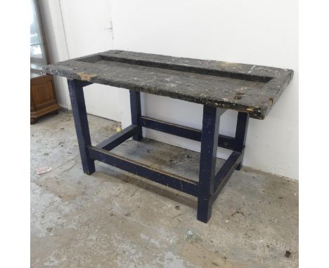 A vintage painted pine workbench, with recessed top. W152cm, H82cm, D76cm. 