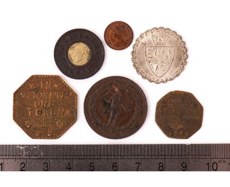 A group of six interesting tokens, including a 17th century dated octagonal example, a spade guniea style token, a copper hal