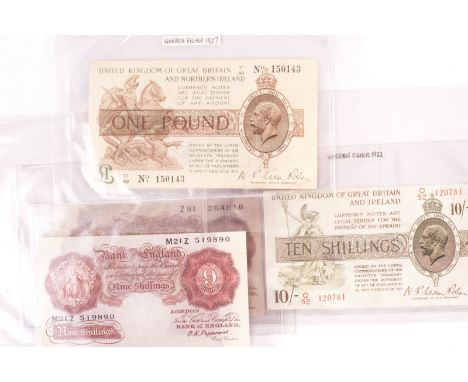 A collection of first half 20th century British bank notes, with a Warren Fisher £1 and a ten shilling, several Peppiatt exam