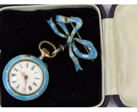 A Swiss silver and enamel lapel watch, length 6.5cm, with associated box