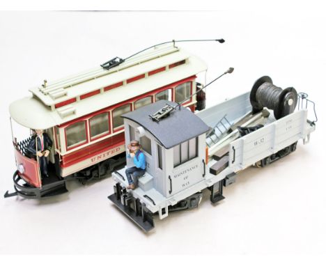 Bachmann  G scale model railway comprising a United Traction Co tram and a Maintenance of Way line car