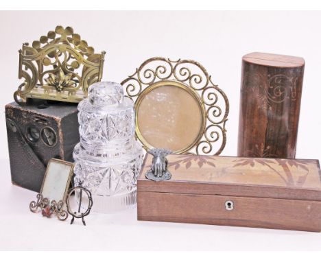 A mixed lot comprising a Kodak Bullseye No2 camera, a brass letter rack, a brass wire photograph frame and two others, a marq