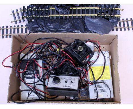 A box of model railway controllers and G scale track