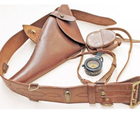A leather pistol holster, belt and compass inscribed 'E.J.H. No. 1690 IMP MKII' with leather case. Condition - all items in g