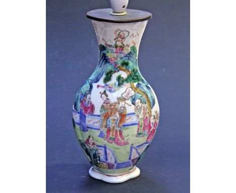 A 19th Century Chinese Canton porcelain vase, height 31cm. Condition - converted to lamp base, hairline and old repair to sid