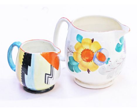 Two Susie Cooper style Grays pottery Art Deco jugs, length 12cm &amp; 16cm. Condition - wear to decoration, large jug with ha