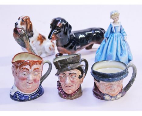 A mixed lot of porcelain comprising a Royal Doulton dog, a Beswick dog, a Royal Worcester figure and three Royal Doulton char