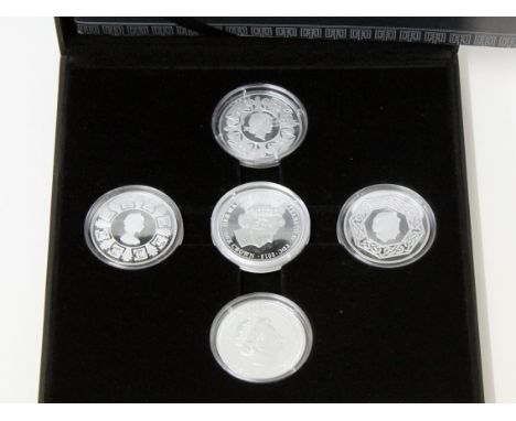 The 2015 Queen Elizabeth II Longest Reigning Monarch Portrait collection five silver coin set, boxed with book