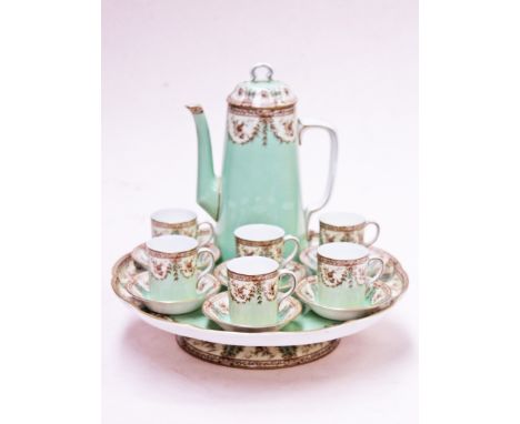 A Royal Worcester coffee set comprising coffee pot, six cups and saucers and stand. Condition -  no chips, cracks, nor any re