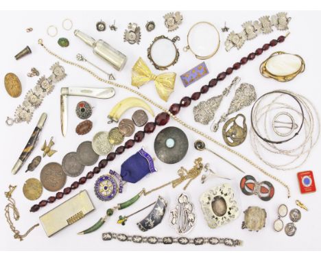 A mixed lot to include coins, silver and other jewellery, pen knives, a miniature bottle opener, a lighter, a pair of silver 