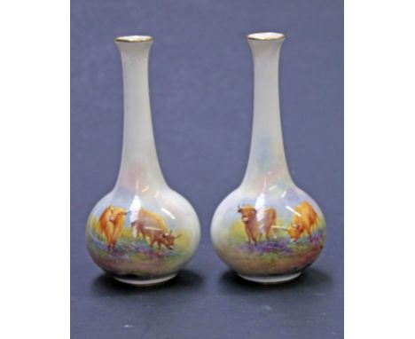 A pair of Royal Worcester vases decorated with highland cattle signed E Townsend, height 13cm. Condition - very good, no chip