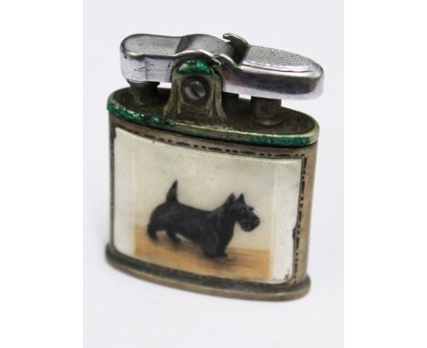 An Art Metal Works Ronson lighter with enamel decoration of a dog, height 5cm