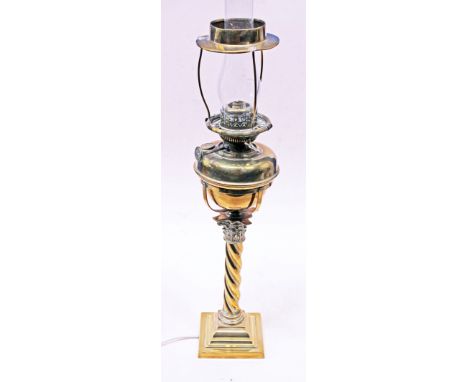 A brass corinthian and twist column table lamp, height 68cm. Condition - old soldered repair to shade support, converted to e