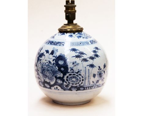 An 18th Century Dutch Delft tin glazed earthenware vase converted to lamp, height 26cm. Condition - apart from being converte