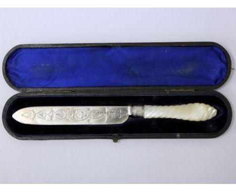 A hallmarked silver knife with mother of pearl handle and box, length 28.5cm