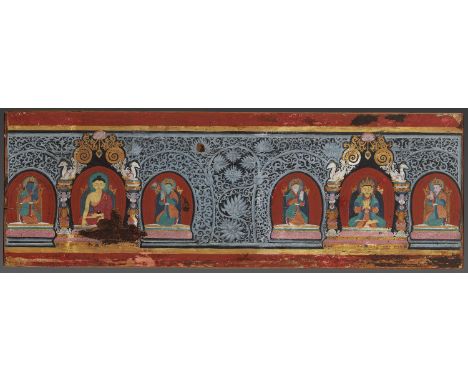 A RARE AND VERY LARGE PAINTED WOOD SUTRA COVER, NEPAL, CIRCA 1450 約1450年尼泊爾大型彩繪佛經木封面Opinion: The present sutra cover is of ex