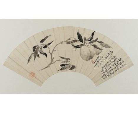 PEACHES BY ZHONGWEI 仲偉 《桃》China, dated 1921. Ink on segmented paper. The fan-shaped painting depicts two plums on a branch. C