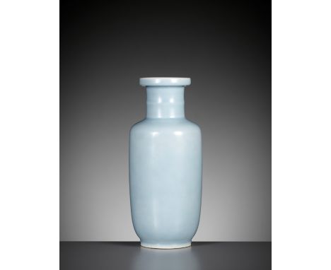 A CLAIRE DE LUNE GLAZED ROULEAU VASE, QING DYNASTY, 18TH CENTURY 十八世紀天藍釉棒槌瓶Expert's note: The soft and gentle clair-de-lune-g