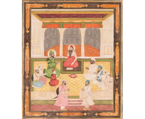A MINIATURE PAINTING OF MUGHAL EMPEROR BABUR PAYING HOMAGE TO GURU NANAKIndia, 18th - 19th century. Ink, gouache, and gold on