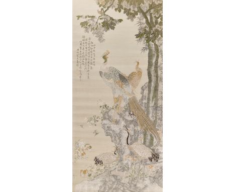 AN EMBROIDERED 'CRANES WORSHIPPING THE PHOENIX' SILK PANEL, 19TH CENTURY 十九世紀《水雲鄉》刺綉掛屏China. Finely embroidered in elegant mo