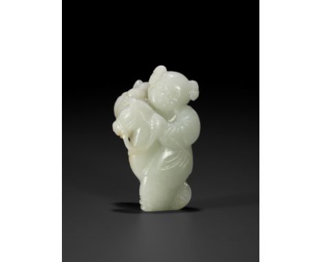 A PALE CELADON FIGURE OF A BOY WITH A HOBBY HORSE, 18TH CENTURY 十八世紀青白玉騎馬上任童子珮China. Carved as a striding boy holding the rei