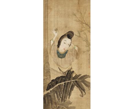 PORTRAIT OF A NOBLE LADY, BY PAN GONGSHOU (1741-1794) 潘恭壽(1741-1794)款《仕女簪花圖》China. Ink, gilt, and watercolors on silk. Depict