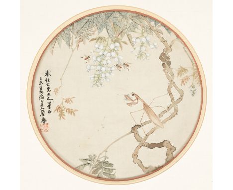 'PRAYING MANTIS', BY JU LIAN (1828-1904), DATED 1895 居廉款《紫藤和螳螂》，1895年China. Ink and watercolors on silk. Of circular form, fi