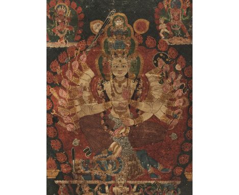 A THANGKA OF SIDDHA LAKSHMI, 17TH-18TH CENTURY 十七至十八世紀吉祥天女唐卡Nepal. Distemper and gold on cloth. The ten-headed, twenty-two-ar