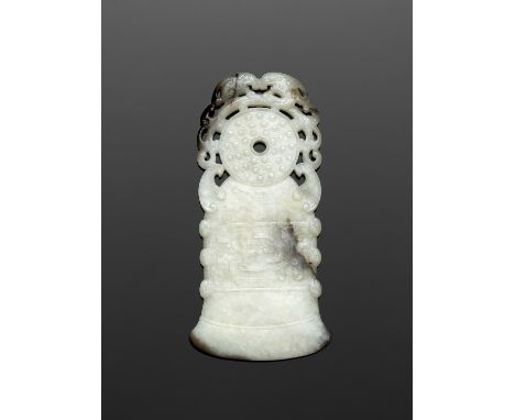 A BLACK AND WHITE JADE 'ARCHAISTIC' AXE-FORM OPENWORK PENDANT, 18TH CENTURY 十八世紀仿古黑白玉鏤空雕斧式佩China. Finely carved in the form o