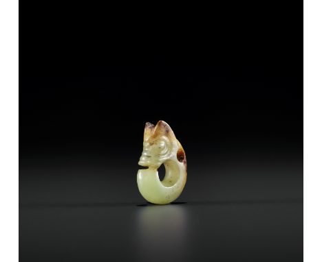 A YELLOW AND RUSSET MINIATURE 'PIG DRAGON' PENDANT, ZHULONG, MING DYNASTY 明代黃玉帶皮小豬龍China, c. 16th-17th century or earlier. Of