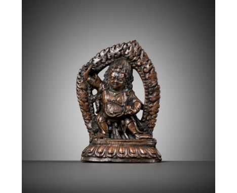 A COPPER ALLOY FIGURE OF VAJRAPANI 銅合金金剛手菩薩Tibet, 17th-18th century. Well cast, the fierce protector of Buddhism and its floc