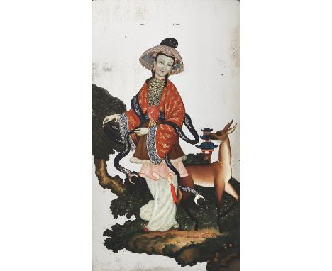A REVERSE-GLASS MIRROR PAINTING OF A NOBLE LADY WITH DEER, CANTON SCHOOL, QING DYNASTY 清代廣州外銷玻璃油畫《貴婦與鹿》China, 18th to early 1