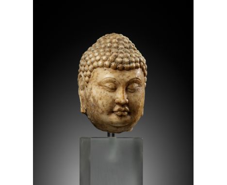 † A MARBLE HEAD OF BUDDHA, TANG DYNASTY 唐代漢白玉佛頭China, 618-907. Finely carved, the serene face depicted with a pair of heavy-l