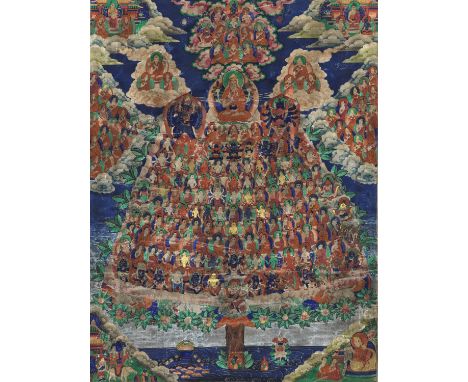 A THANGKA OF TSONGKHAPA AND THE GELUGPA REFUGE TREE, 19TH CENTURY 十九世紀宗喀巴上師皈依境圖Tibet. Distemper on cloth. Tsongkhapa is seate