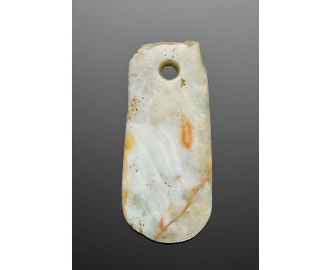 A CELADON AND RUSSET JADE AXE, NEOLITHIC PERIOD 新石器時代青玉斧China, 4000 to 2500 BC. The blade of flattened rectangular form with 