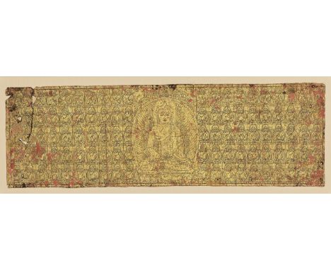 A PAINTED 'HUNDRED BUDDHAS' MANUSCRIPT FRONT PAGE 《百佛圖》經書封面Tibet, 14th century. Ink and gold on paper. The central Buddha sea