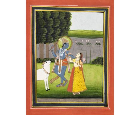 AN INDIAN MINIATURE PAINTING OF KRISHNA AND RADHA BY THE YAMUNA RIVERIndia, Rajasthan, Jaipur, 19th century. Watercolors and 