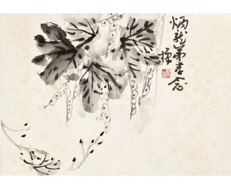 'GRAPES, LEAVES AND VINES' BY LI KUCHAN (1899-1983) 李苦禪款《葡萄》China. Ink on paper. Depicting leaves and vines with hanging grap