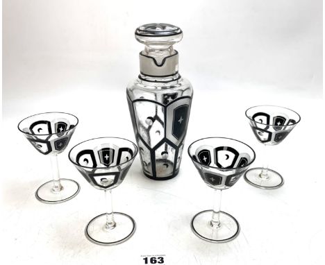 Art Deco style black and white design glass decanter with stopper 9" high and 4 cocktail glasses, chip on lip of decanter