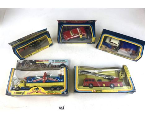 5 boxed model Corgi cars - James Bond Stromberg Helicopter, Starsky and Hutch Ford Torino, Simon Snorkel - Dennis, Mini 1000 