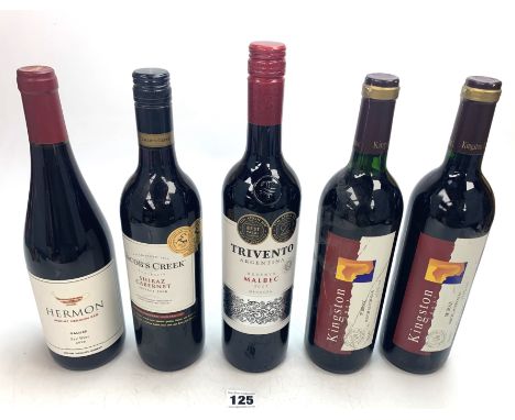 5 bottles of red wine - Jacob's Creek Shiraz Cabernet 2008, 2 x Kingston Shiraz 2001, Mount Hermon Galilee 2020 &amp; Trivent