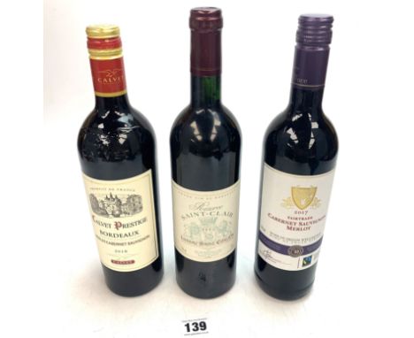 3 bottles of red wine - Calvet Prestige Bordeaux Merlot-Cabernet Sauvignon 2018, Fairtrade Cabernet Sauvignon Merlot 2017 &am
