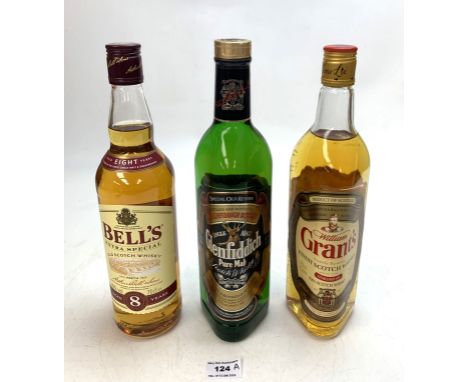 3 bottles of whisky - Bell's Extra Special aged 8 years, 70 cl, Grant's Finest Scotch Whisky 70cl, and Glenfiddich Special Ol