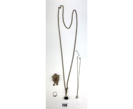 Assorted dress jewellery comprising long necklace with fob pendant, necklace with pearl pendant, brooch and silver ring