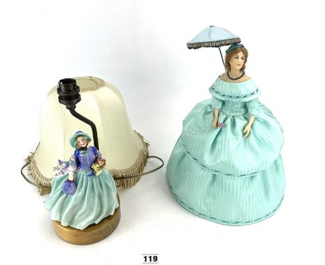 Royal Doulton 'Honey' HN1910 made into lamp base with cream shade, total height 17", and pincushion doll lampshade 14" high