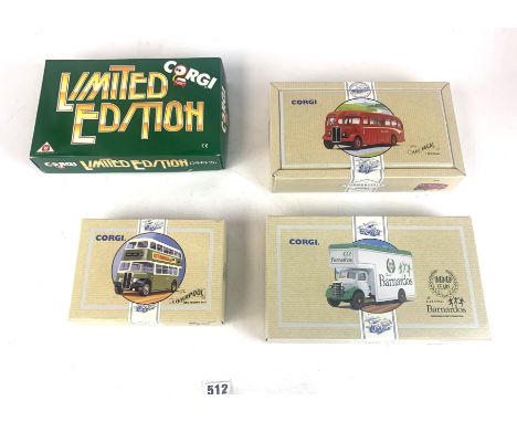 4 boxed Corgi vehicles - 3 Corgi Commercials - Liverpool AEC Regent Bus, Barnardos van &amp; AEC Regal bus, and Limited Editi