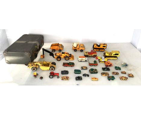 Suitcase of loose Tonka, Triang &amp; Corgi model vehicles and bag of marbles