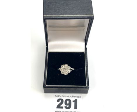 Unmarked white gold ring with old cut diamond cluster, approx. .85 pts, size U, w: 2.9 gms