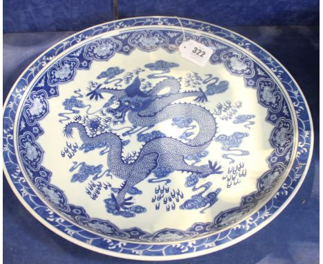 A Chinese blue and white 'Dragon' dish, 20th century, in Kangxi style, the five clawed dragon chasing a flaming pearl, six ch