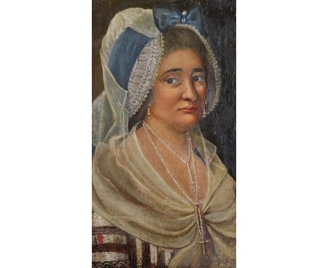 18th Century English School. Portrait of a Lady, with a Blue and White Bonnet, Oil on Canvas laid down, 23.25" x 13.25".